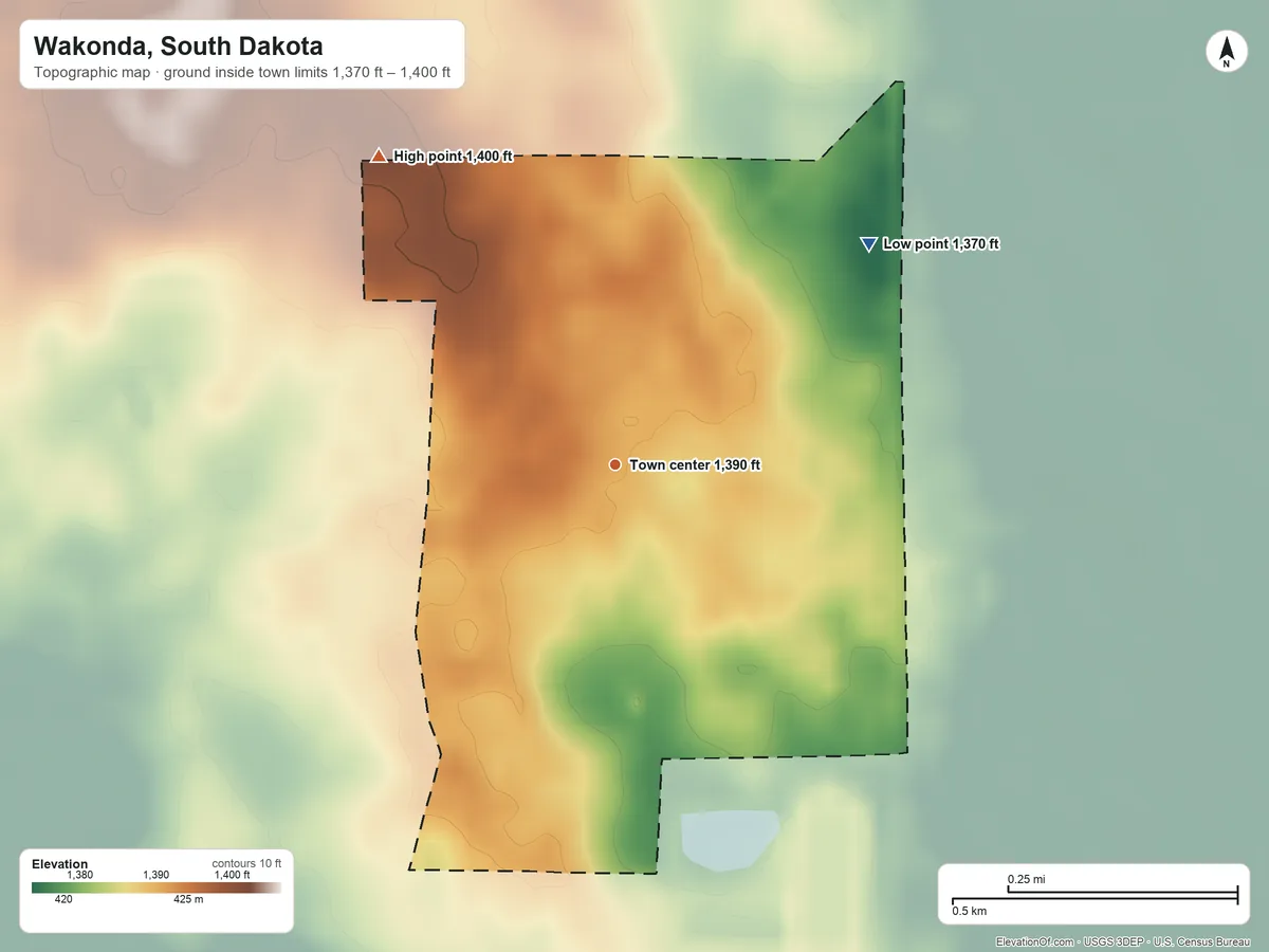 Topographic elevation map of Wakonda, South Dakota, shaded from 1,370 ft on the northeast side to 1,400 ft on the northwest side