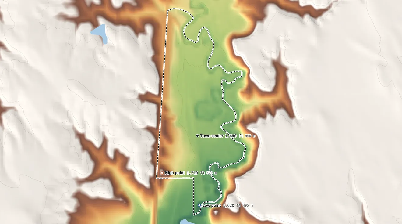 Topographic elevation map of Wakpala, South Dakota, shaded from 1,620 ft on the south side to 1,710 ft on the southwest side