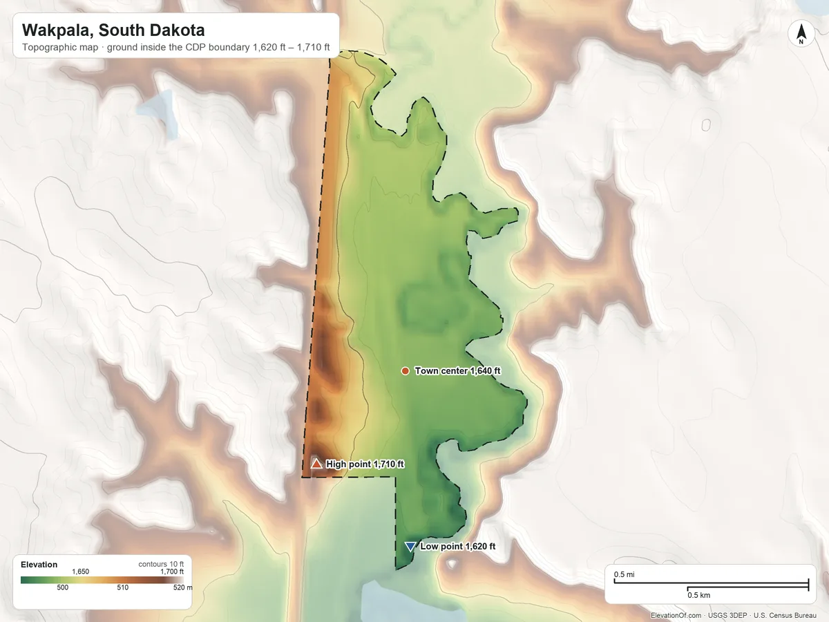 Topographic elevation map of Wakpala, South Dakota, shaded from 1,620 ft on the south side to 1,710 ft on the southwest side
