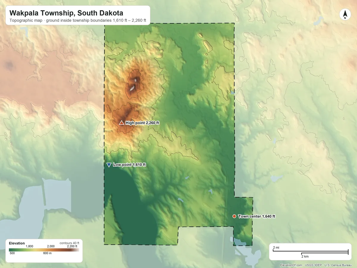 Topographic elevation map of Wakpala Township, South Dakota, shaded from 1,610 ft on the west side to 2,260 ft on the northwest side