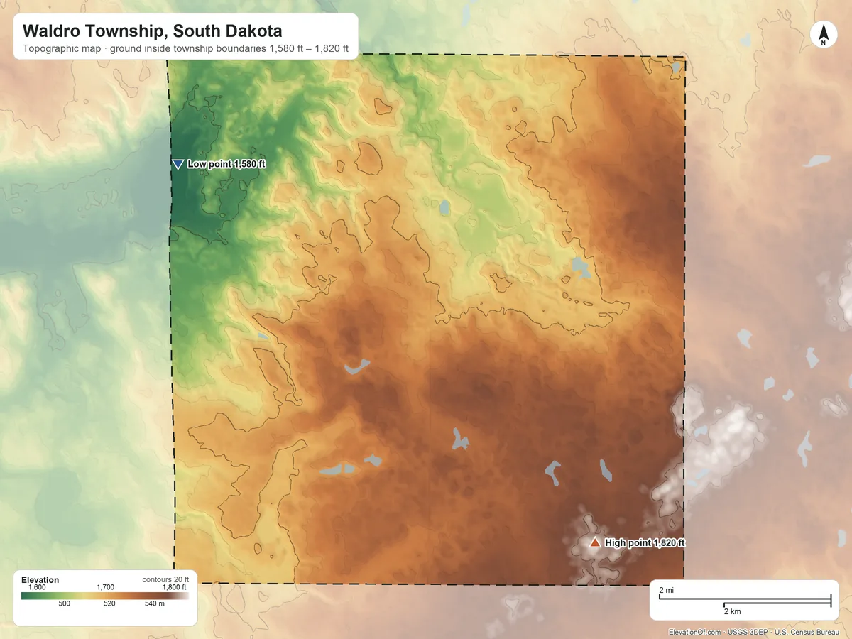 Topographic elevation map of Waldro Township, South Dakota, shaded from 1,580 ft on the northwest side to 1,820 ft on the southeast side