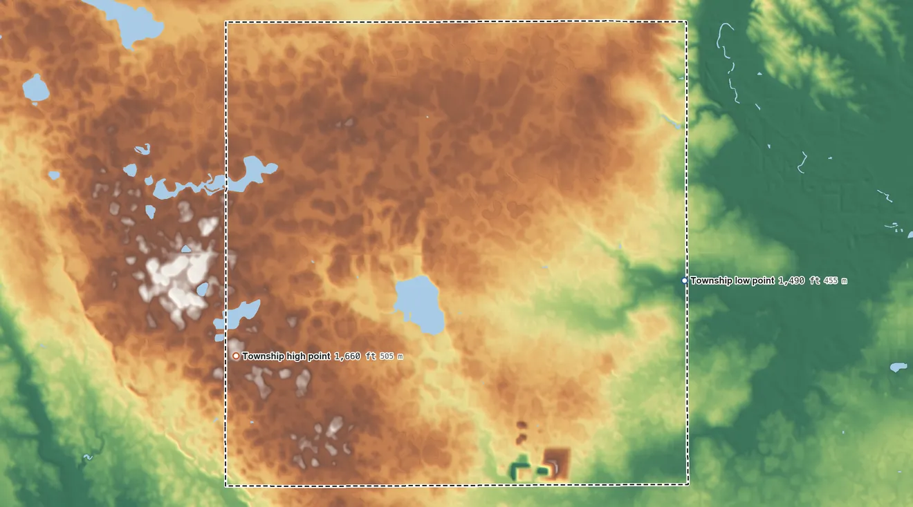 Topographic elevation map of Wall Lake Township, South Dakota, shaded from 1,490 ft on the east side to 1,660 ft on the west side