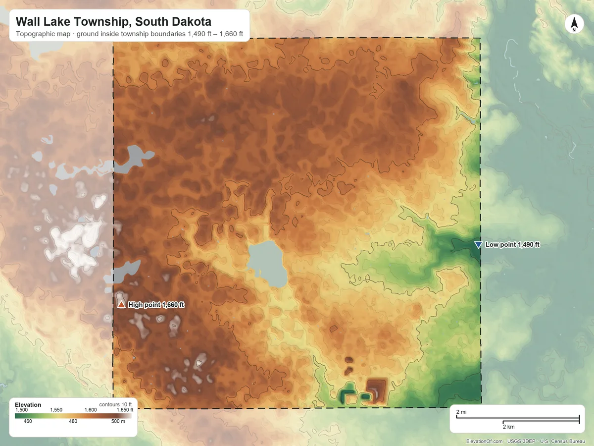 Topographic elevation map of Wall Lake Township, South Dakota, shaded from 1,490 ft on the east side to 1,660 ft on the west side