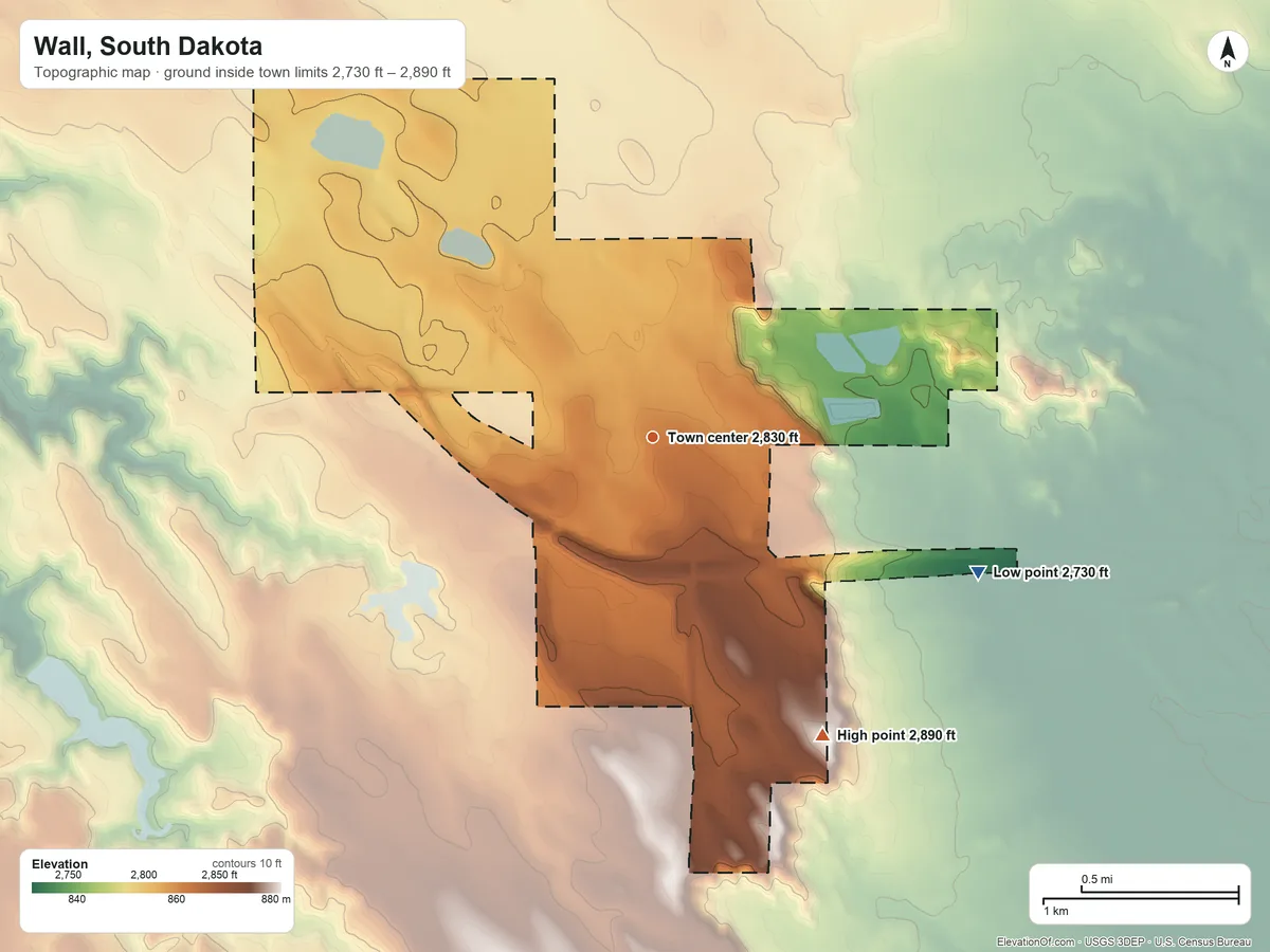Topographic elevation map of Wall, South Dakota, shaded from 2,730 ft on the southeast side to 2,890 ft on the southeast side
