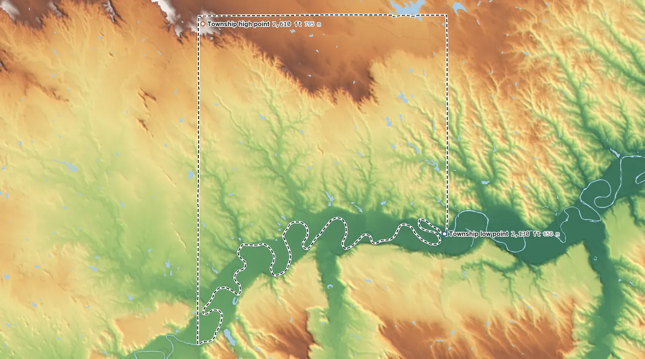 Topographic elevation map of Wall Township, South Dakota, shaded from 2,130 ft on the south side to 2,610 ft on the northwest side