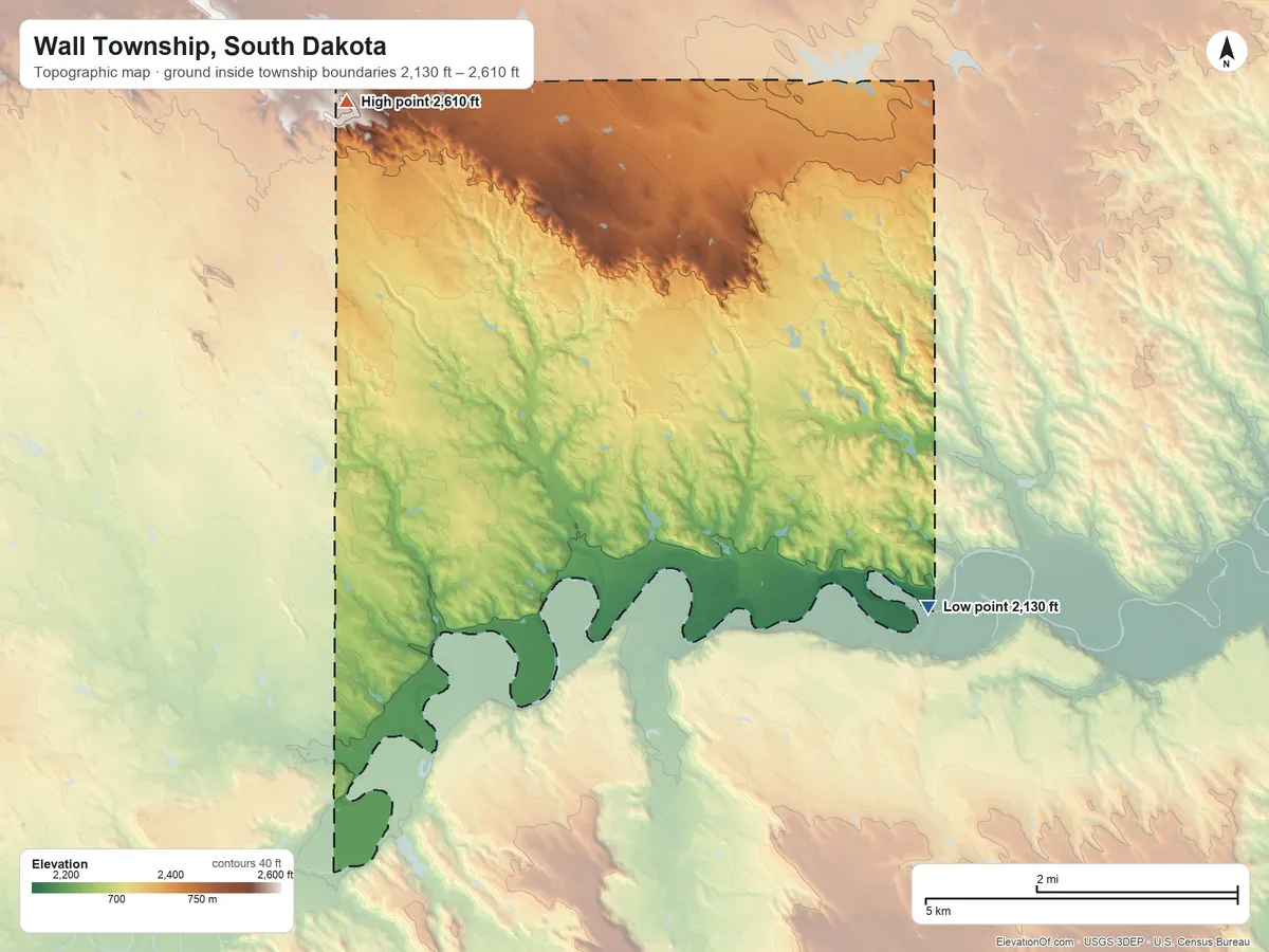 Topographic elevation map of Wall Township, South Dakota, shaded from 2,130 ft on the south side to 2,610 ft on the northwest side