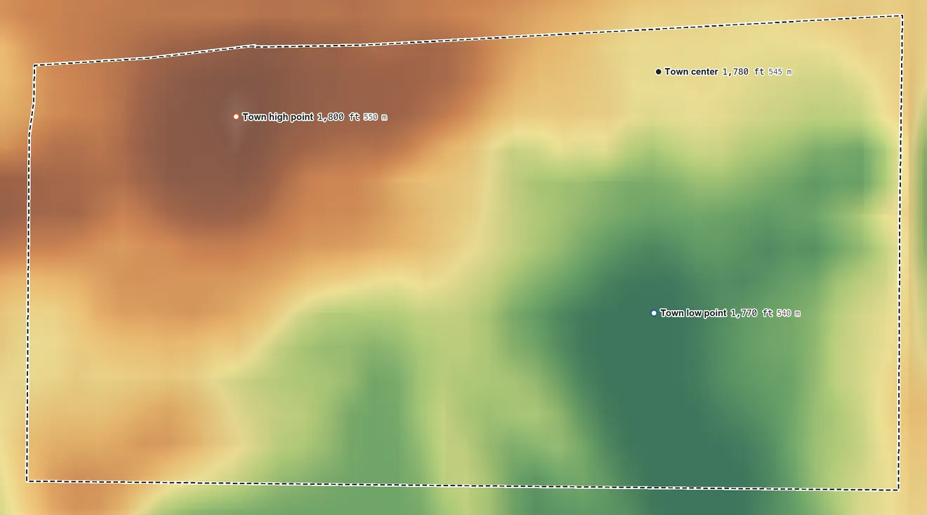 Topographic elevation map of Wallace, South Dakota, shaded from 1,770 ft on the south side to 1,800 ft on the west side