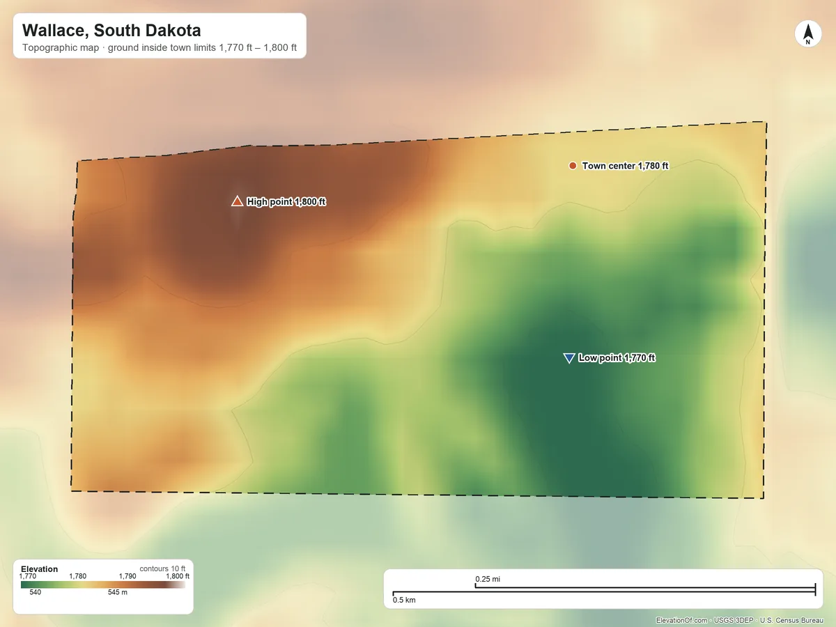 Topographic elevation map of Wallace, South Dakota, shaded from 1,770 ft on the south side to 1,800 ft on the west side
