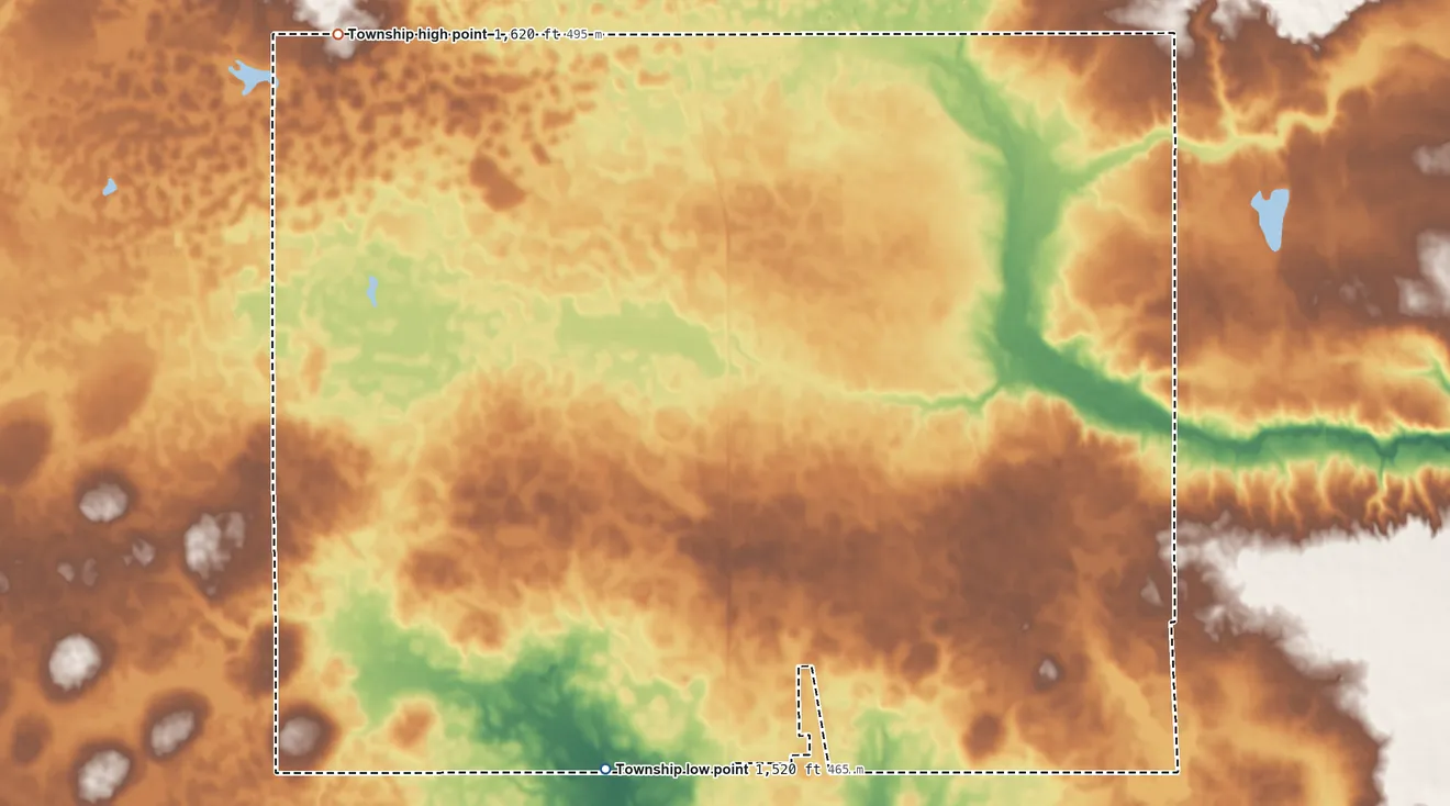 Topographic elevation map of Walnut Grove Township, South Dakota, shaded from 1,520 ft on the southwest side to 1,620 ft on the northwest side