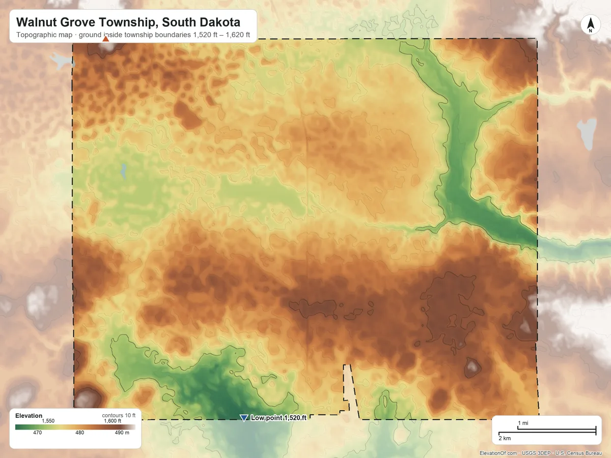 Topographic elevation map of Walnut Grove Township, South Dakota, shaded from 1,520 ft on the southwest side to 1,620 ft on the northwest side