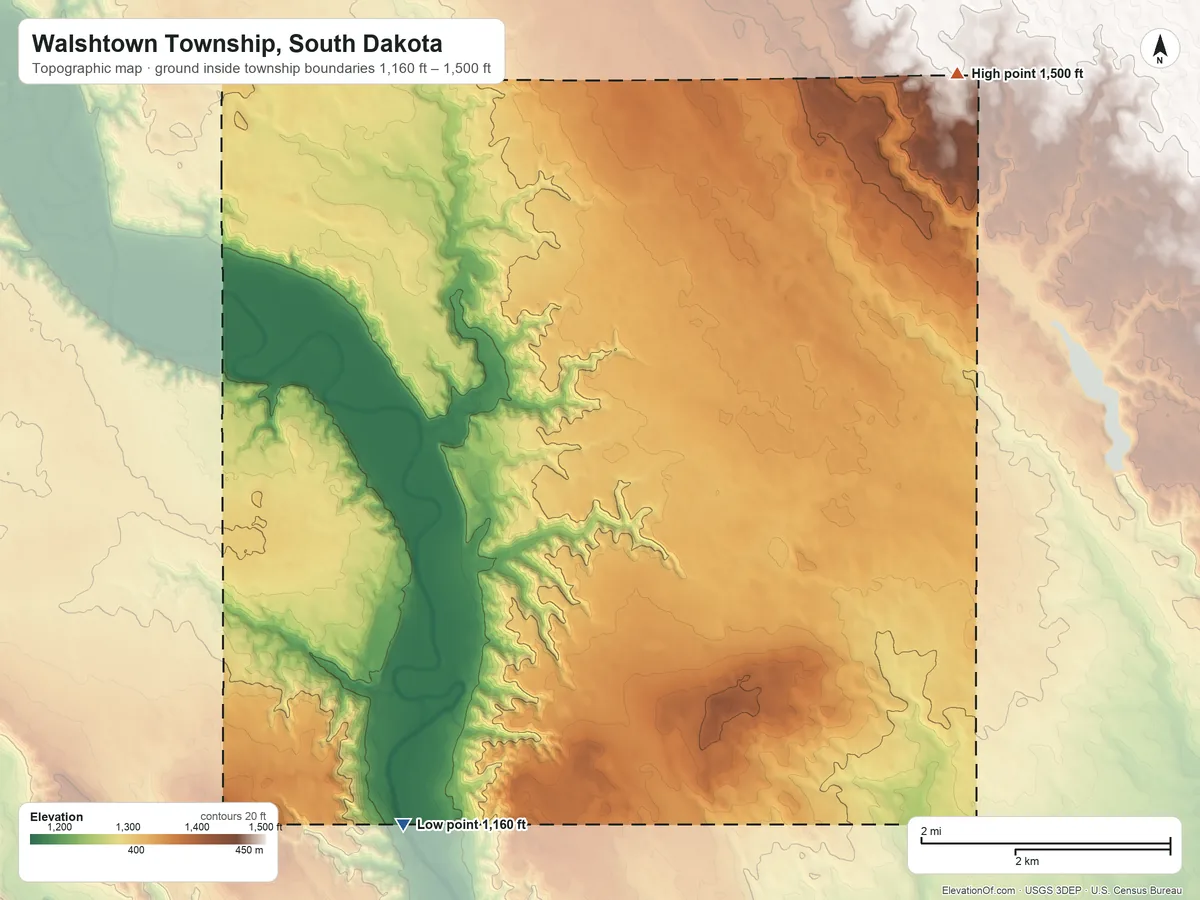 Topographic elevation map of Walshtown Township, South Dakota, shaded from 1,160 ft on the southwest side to 1,500 ft on the northeast side