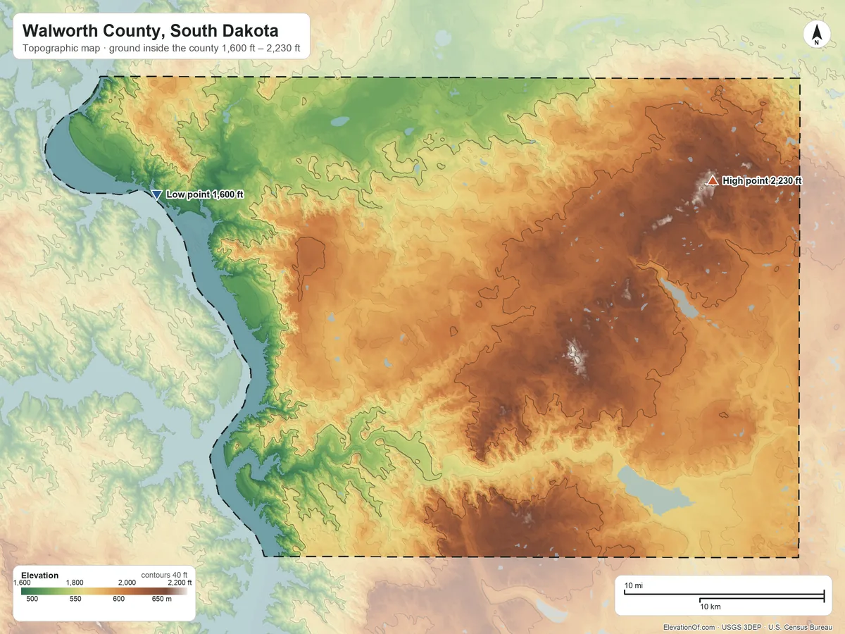 Topographic elevation map of Walworth County, South Dakota, shaded from 1,600 ft on the northwest side to 2,230 ft on the northeast side