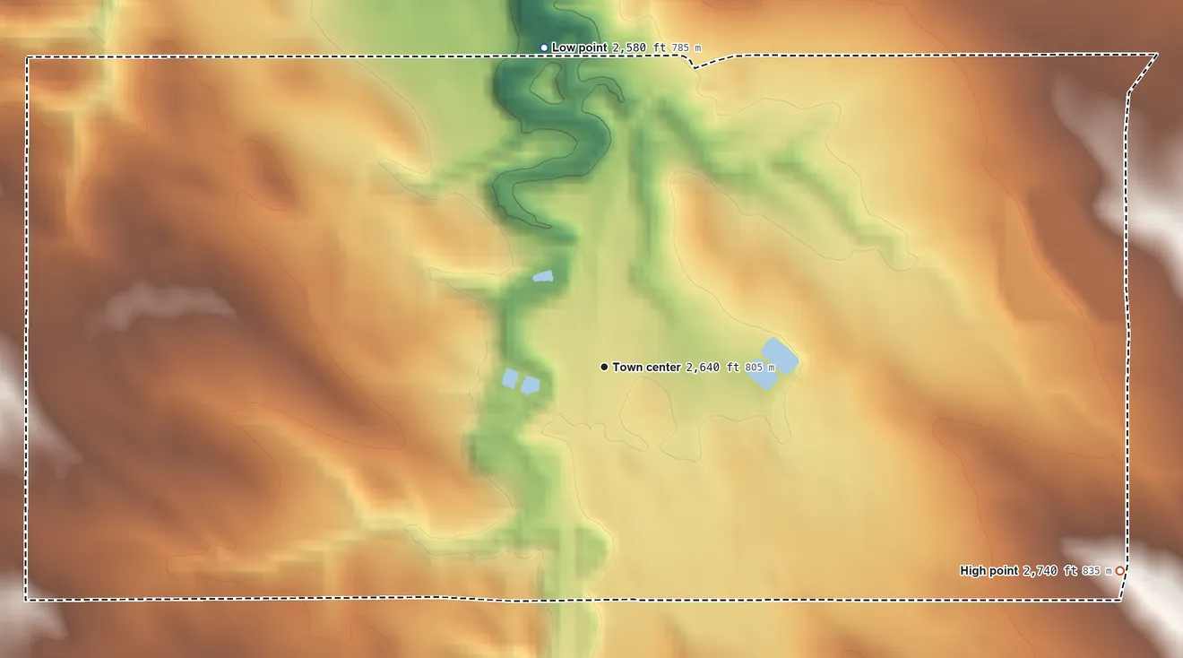Topographic elevation map of Wanblee, South Dakota, shaded from 2,580 ft on the north side to 2,740 ft on the east side