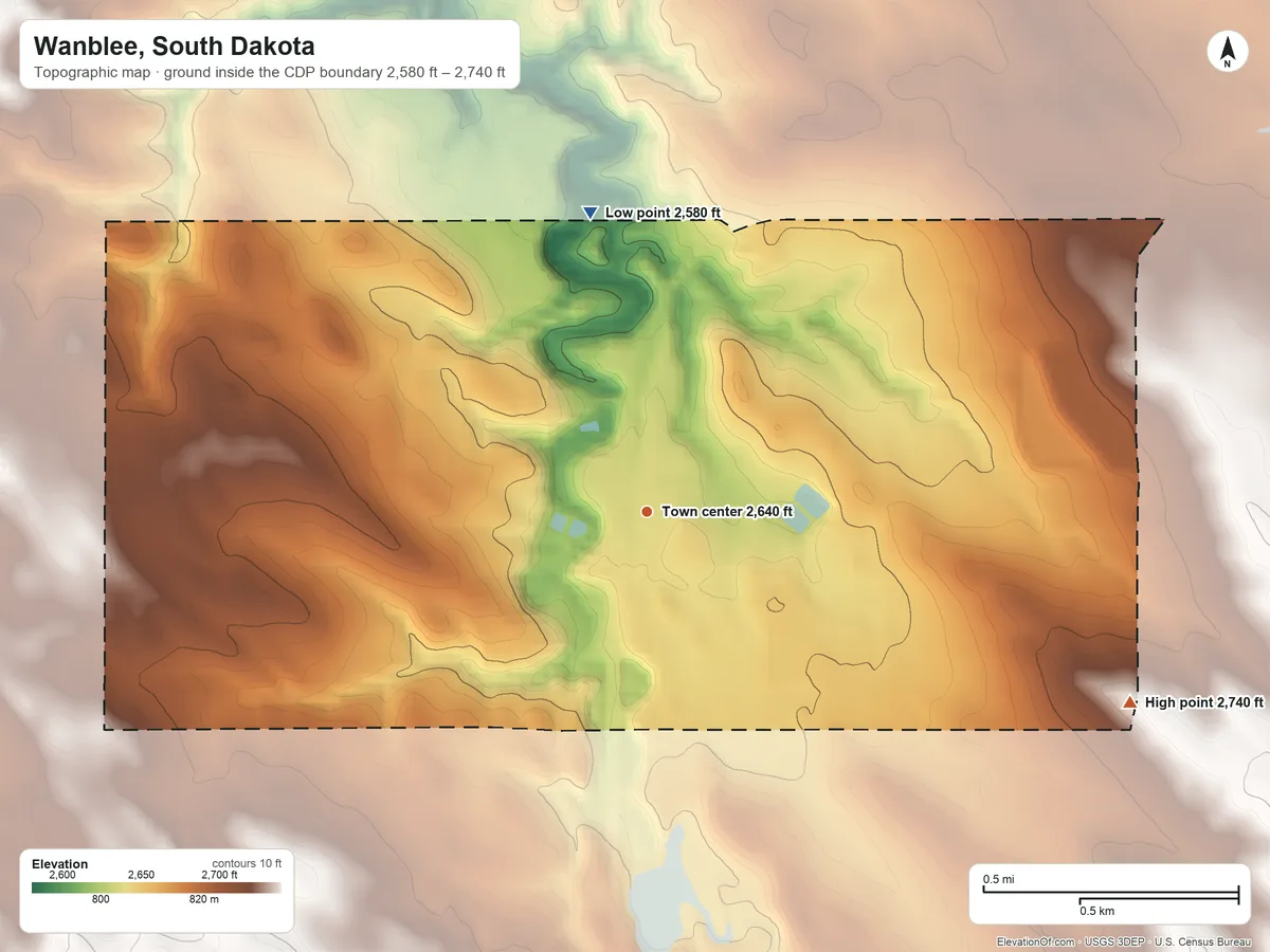Topographic elevation map of Wanblee, South Dakota, shaded from 2,580 ft on the north side to 2,740 ft on the east side