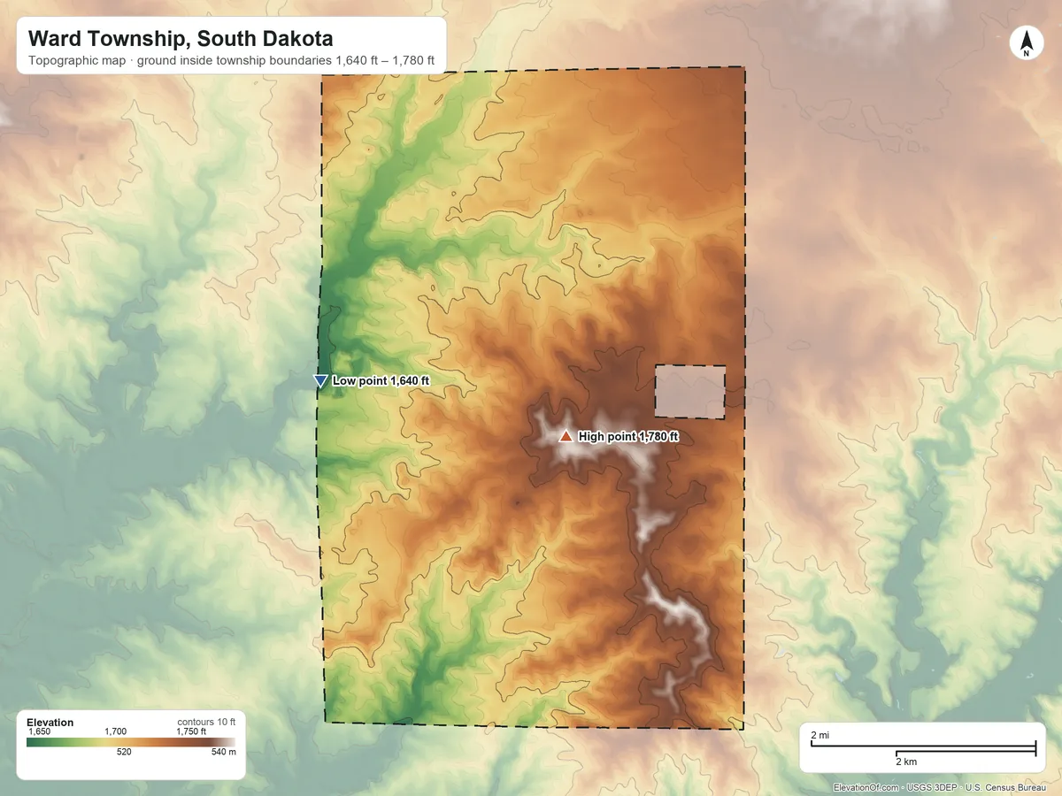 Topographic elevation map of Ward Township, South Dakota, shaded from 1,640 ft on the west side to 1,780 ft on the south side