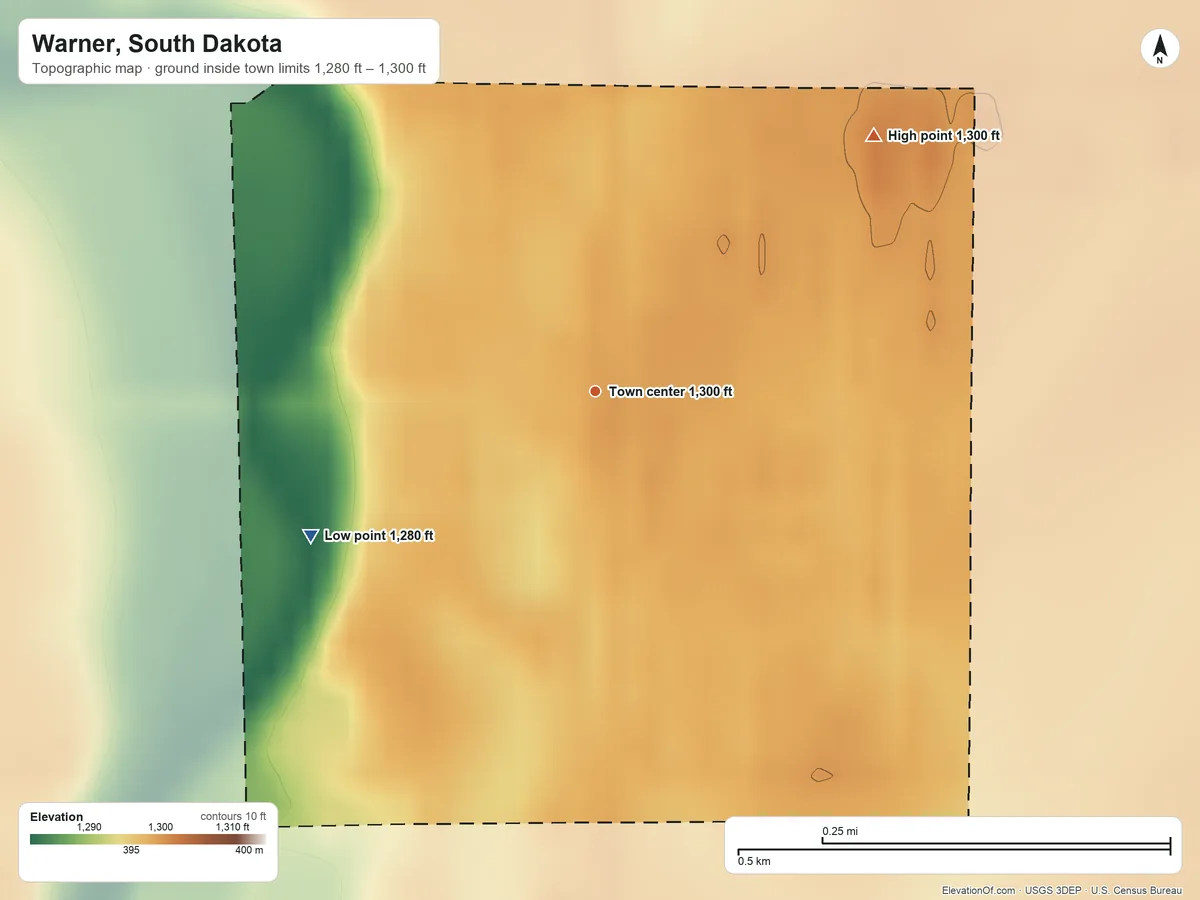 Topographic elevation map of Warner, South Dakota, shaded from 1,280 ft on the southwest side to 1,300 ft on the northeast side