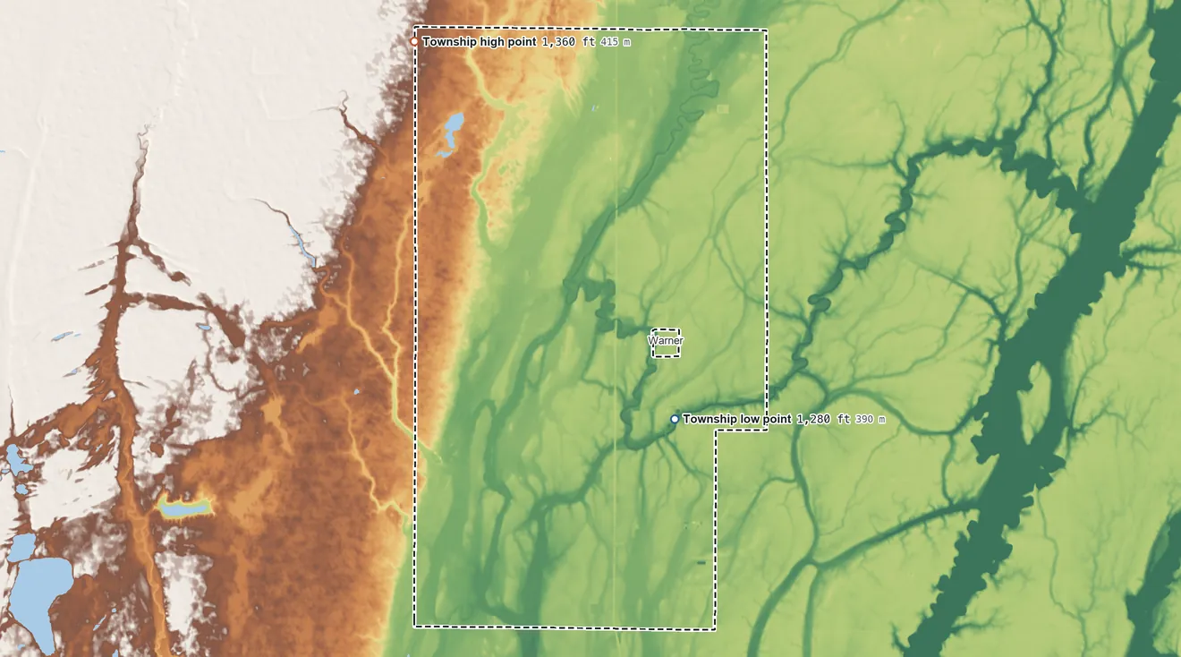 Topographic elevation map of Warner Township, South Dakota, shaded from 1,280 ft on the southeast side to 1,360 ft on the northwest side