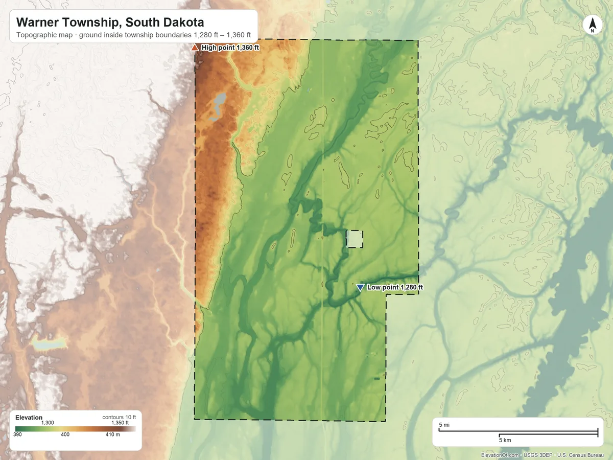 Topographic elevation map of Warner Township, South Dakota, shaded from 1,280 ft on the southeast side to 1,360 ft on the northwest side