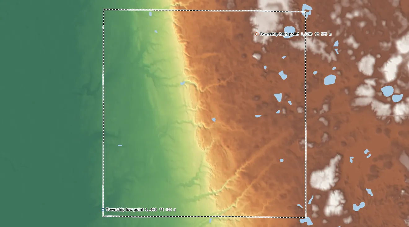 Topographic elevation map of Warren Township, Clark County, South Dakota, shaded from 1,400 ft on the south side to 1,880 ft on the northeast side
