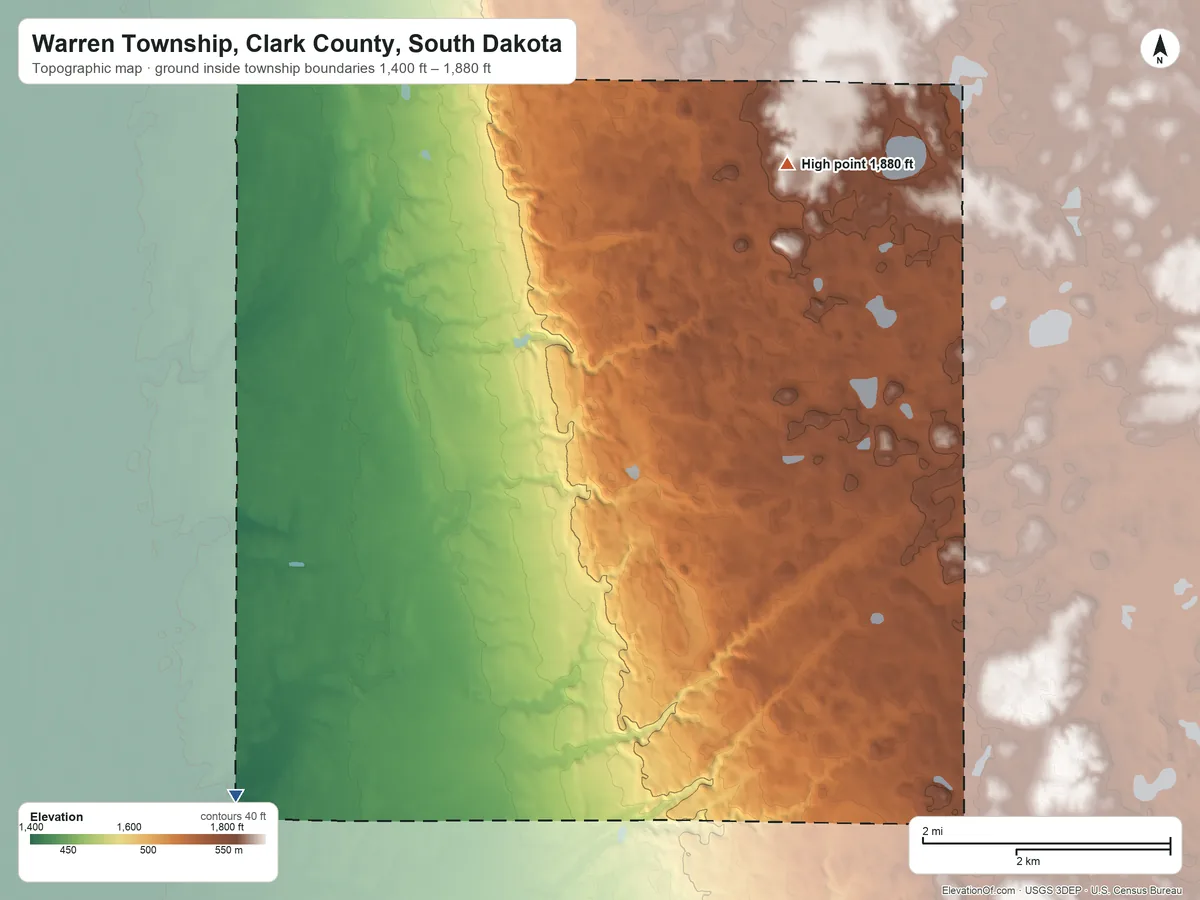 Topographic elevation map of Warren Township, Clark County, South Dakota, shaded from 1,400 ft on the south side to 1,880 ft on the northeast side