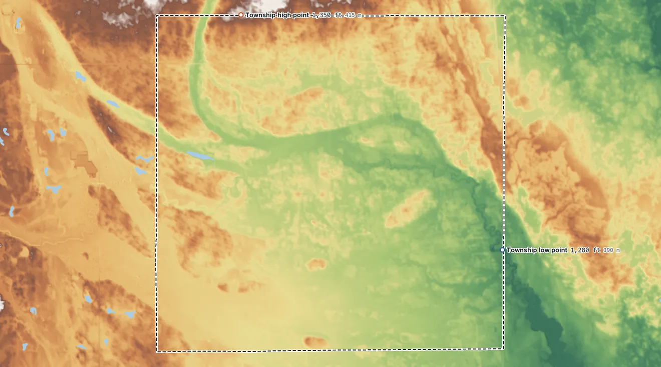 Topographic elevation map of Warren Township, South Dakota, shaded from 1,280 ft on the southeast side to 1,350 ft on the northwest side