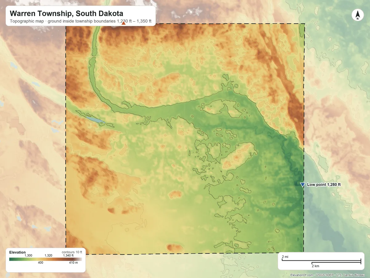 Topographic elevation map of Warren Township, South Dakota, shaded from 1,280 ft on the southeast side to 1,350 ft on the northwest side