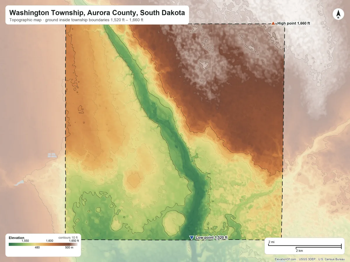 Topographic elevation map of Washington Township, Aurora County, South Dakota, shaded from 1,520 ft on the south side to 1,660 ft on the northeast side