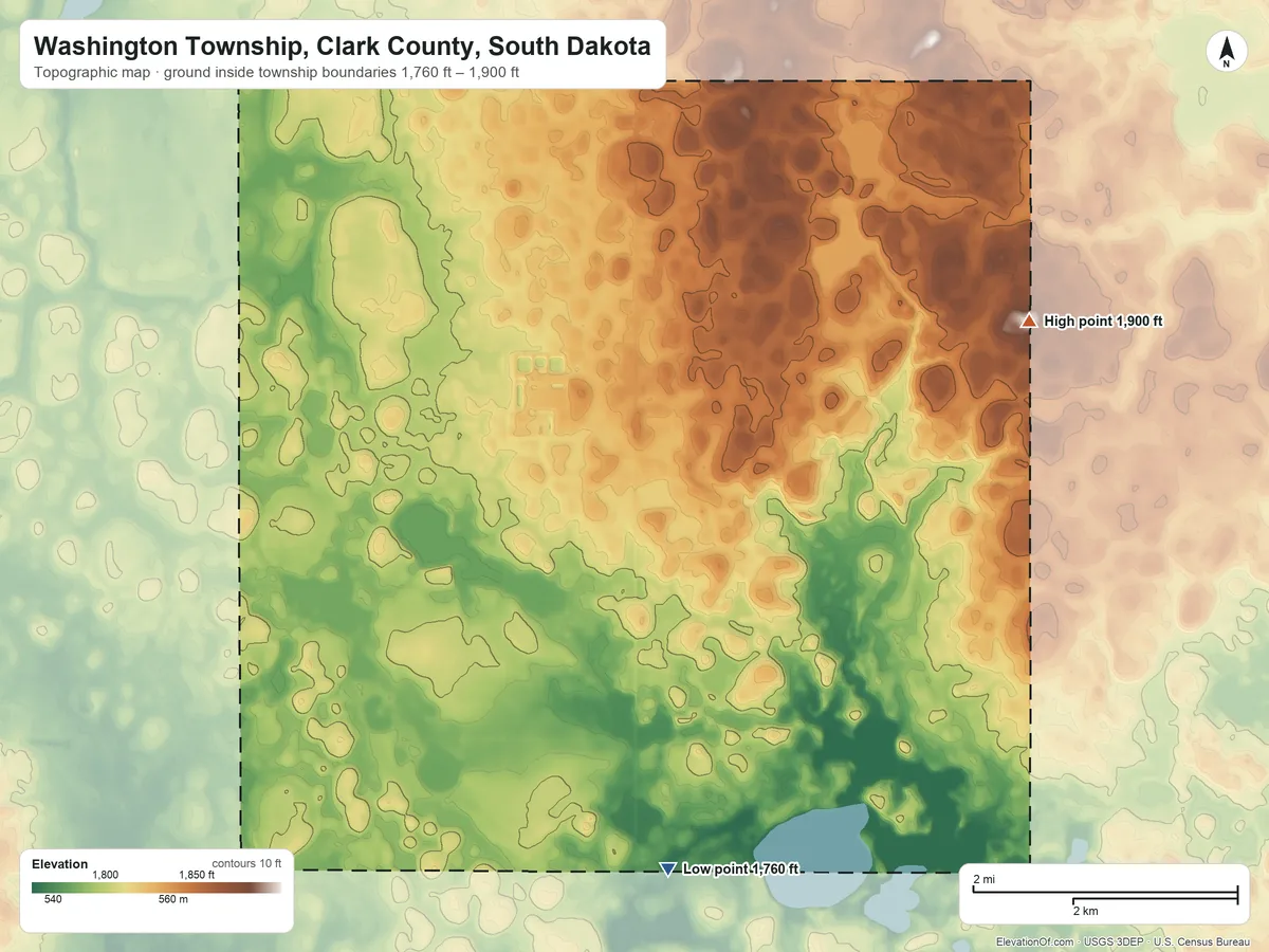 Topographic elevation map of Washington Township, Clark County, South Dakota, shaded from 1,760 ft on the south side to 1,900 ft on the northeast side