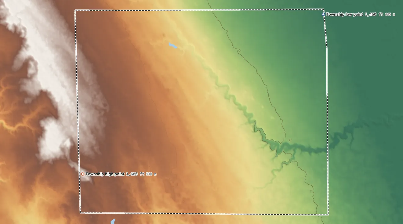 Topographic elevation map of Washington Township, South Dakota, shaded from 1,460 ft on the northeast side to 1,680 ft on the southwest side
