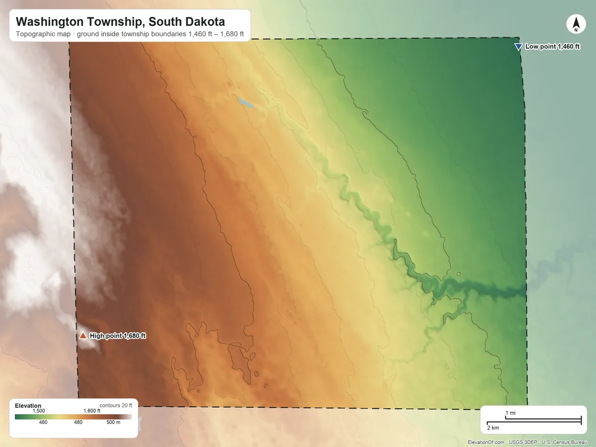 Topographic elevation map of Washington Township, South Dakota, shaded from 1,460 ft on the northeast side to 1,680 ft on the southwest side