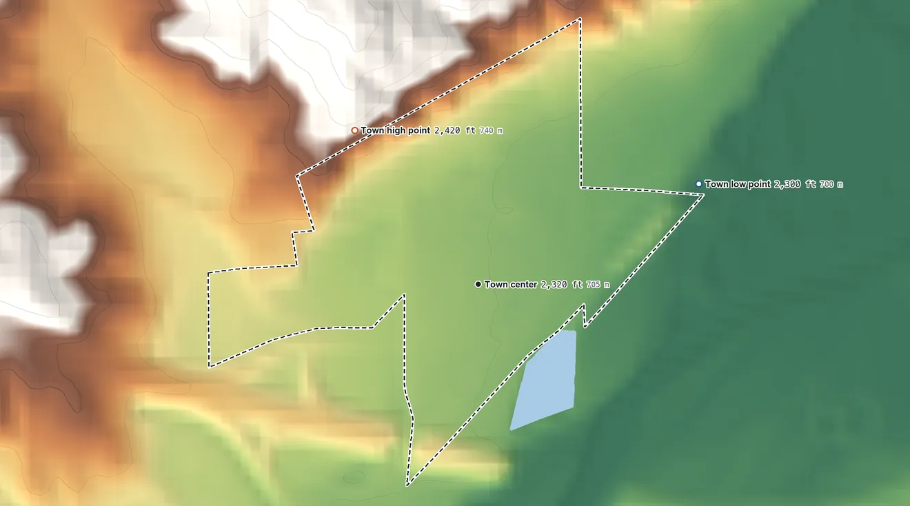Topographic elevation map of Wasta, South Dakota, shaded from 2,300 ft on the northeast side to 2,420 ft on the northwest side