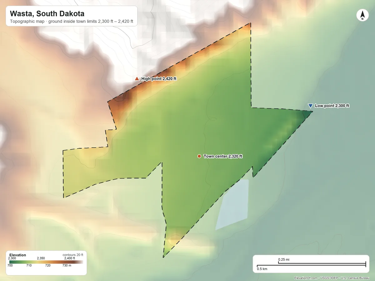Topographic elevation map of Wasta, South Dakota, shaded from 2,300 ft on the northeast side to 2,420 ft on the northwest side
