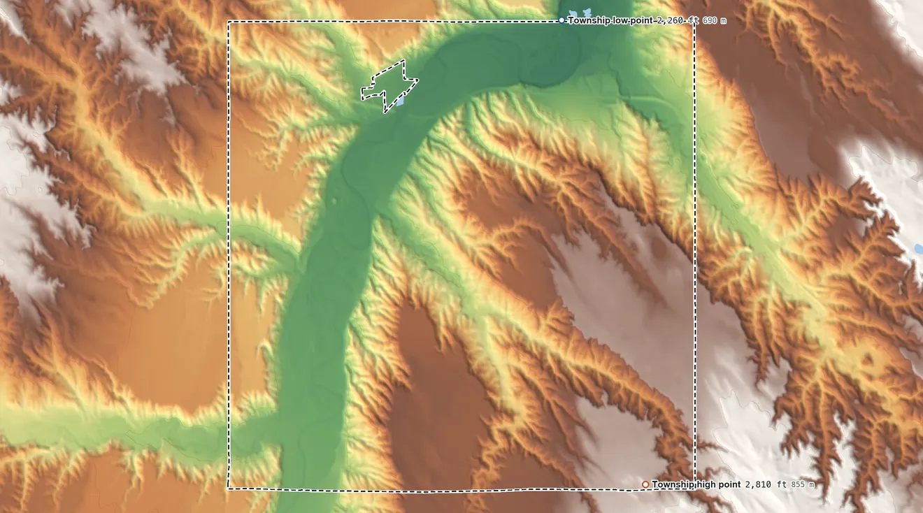 Topographic elevation map of Wasta Township, South Dakota, shaded from 2,260 ft on the east side to 2,810 ft on the southeast side