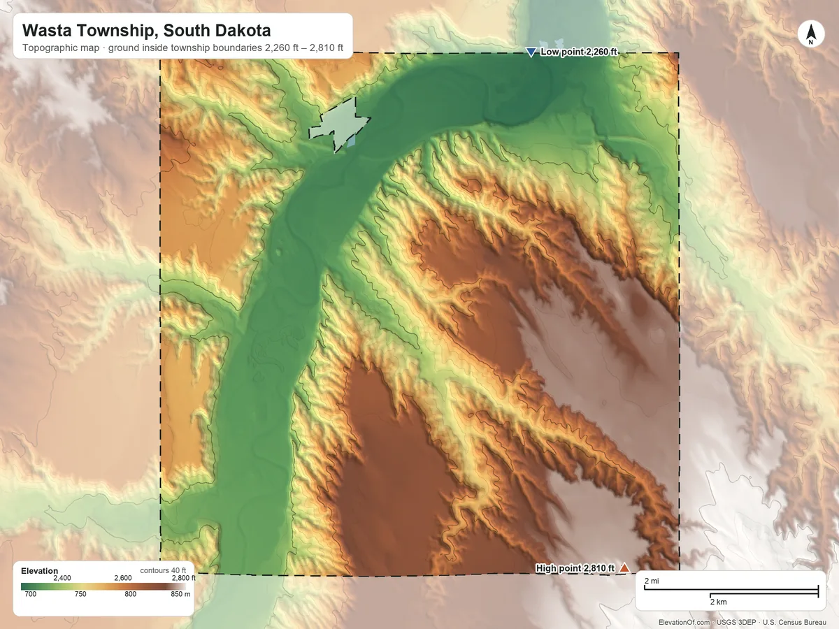 Topographic elevation map of Wasta Township, South Dakota, shaded from 2,260 ft on the east side to 2,810 ft on the southeast side