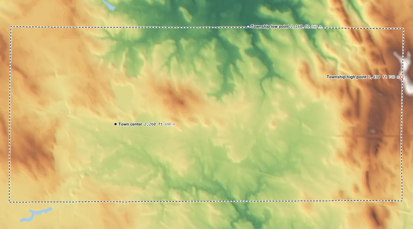 Topographic elevation map of Watauga Township, South Dakota, shaded from 2,160 ft on the northeast side to 2,430 ft on the east side