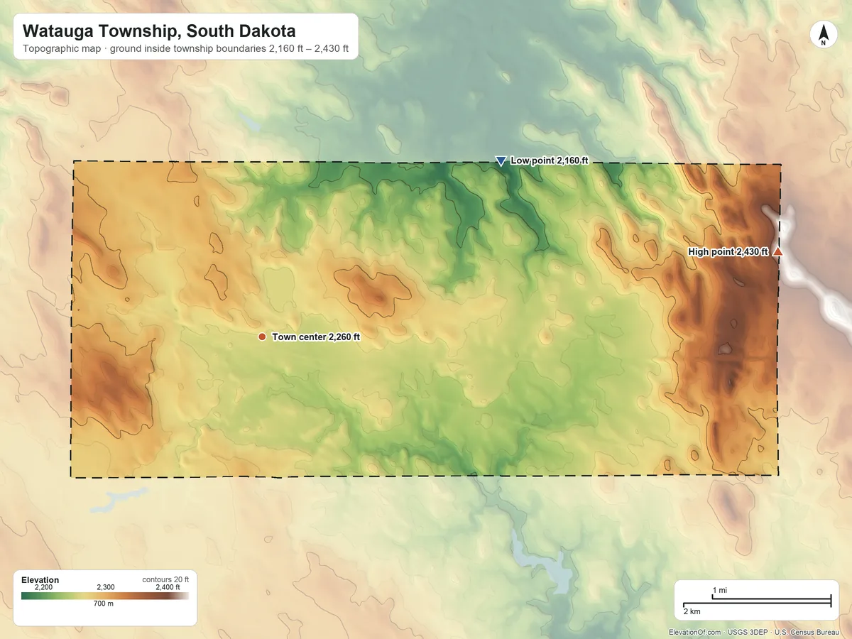 Topographic elevation map of Watauga Township, South Dakota, shaded from 2,160 ft on the northeast side to 2,430 ft on the east side