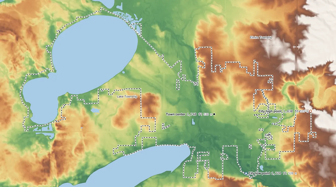 Topographic elevation map of Watertown, South Dakota, shaded from 1,710 ft on the southeast side to 1,830 ft on the east side