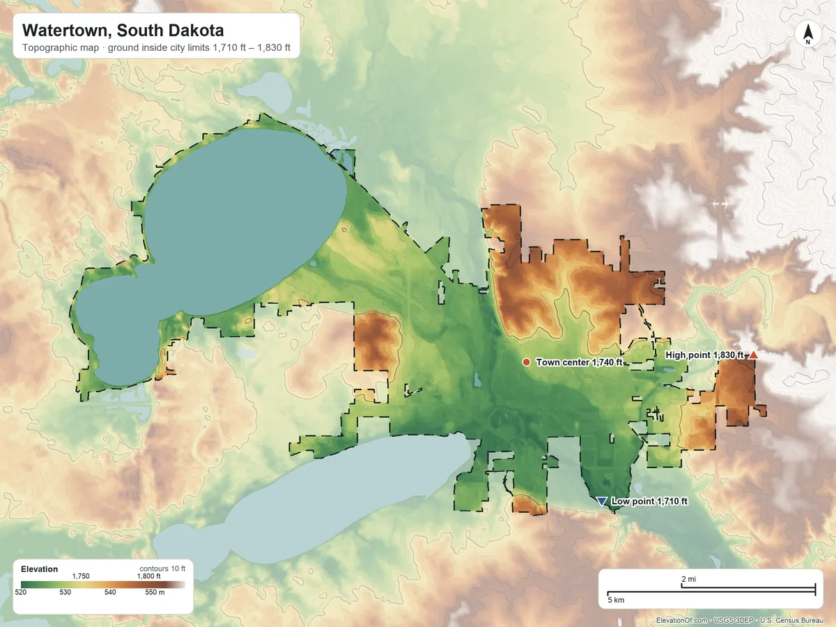 Topographic elevation map of Watertown, South Dakota, shaded from 1,710 ft on the southeast side to 1,830 ft on the east side