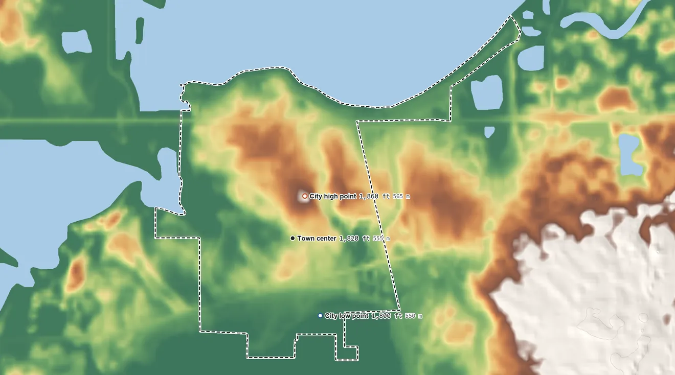 Topographic elevation map of Waubay, South Dakota, shaded from 1,800 ft on the south side to 1,860 ft near the middle