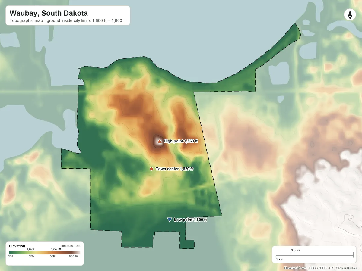 Topographic elevation map of Waubay, South Dakota, shaded from 1,800 ft on the south side to 1,860 ft near the middle