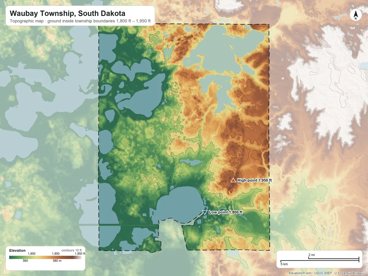 Topographic elevation map of Waubay Township, South Dakota, shaded from 1,800 ft on the south side to 1,950 ft on the southeast side