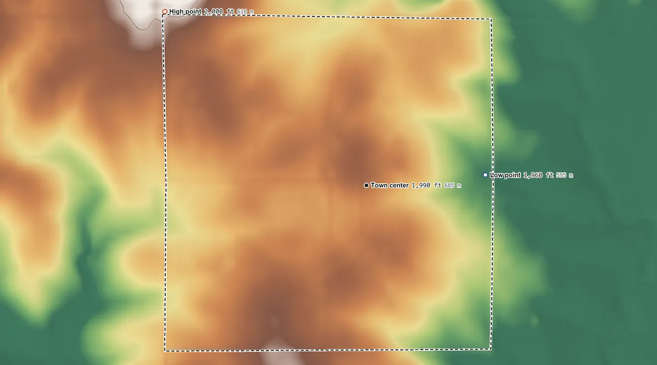 Topographic elevation map of Waverly, South Dakota, shaded from 1,960 ft on the east side to 2,000 ft on the northwest side