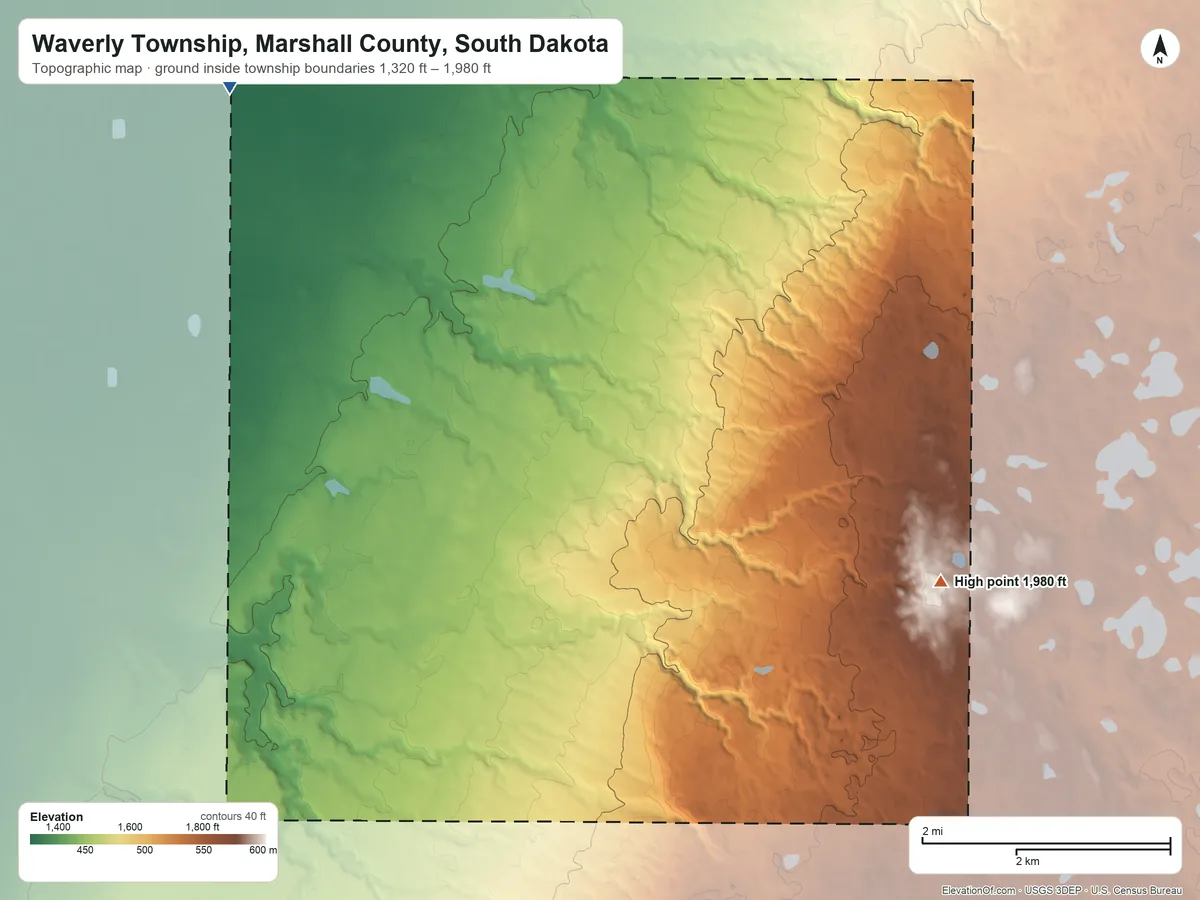 Topographic elevation map of Waverly Township, Marshall County, South Dakota, shaded from 1,320 ft on the northwest side to 1,980 ft on the southeast side