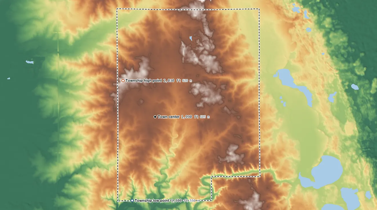 Topographic elevation map of Waverly Township, South Dakota, shaded from 1,800 ft on the south side to 2,030 ft on the northwest side