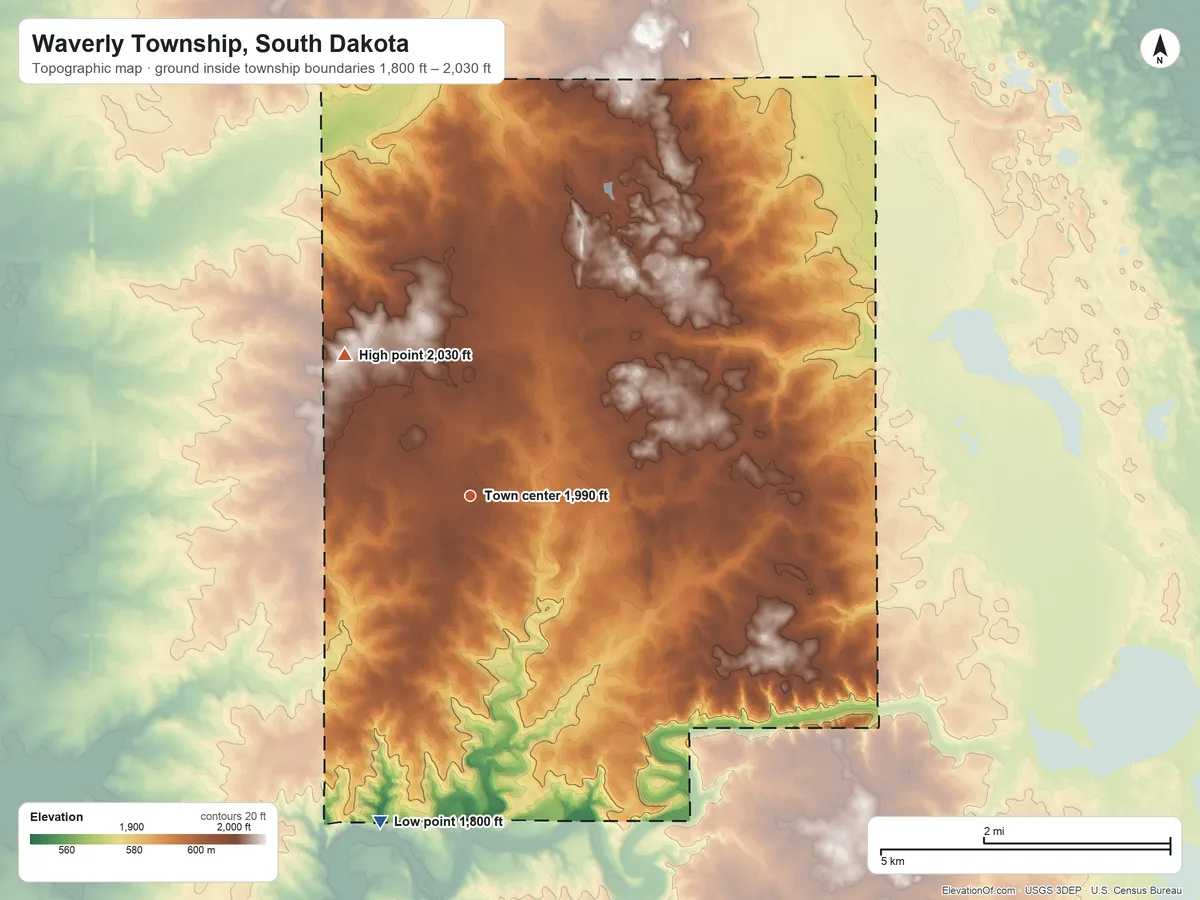 Topographic elevation map of Waverly Township, South Dakota, shaded from 1,800 ft on the south side to 2,030 ft on the northwest side