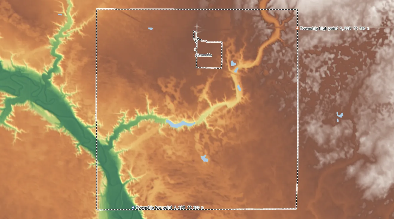 Topographic elevation map of Wayne Township, Hanson County, South Dakota, shaded from 1,200 ft on the southwest side to 1,380 ft on the northeast side