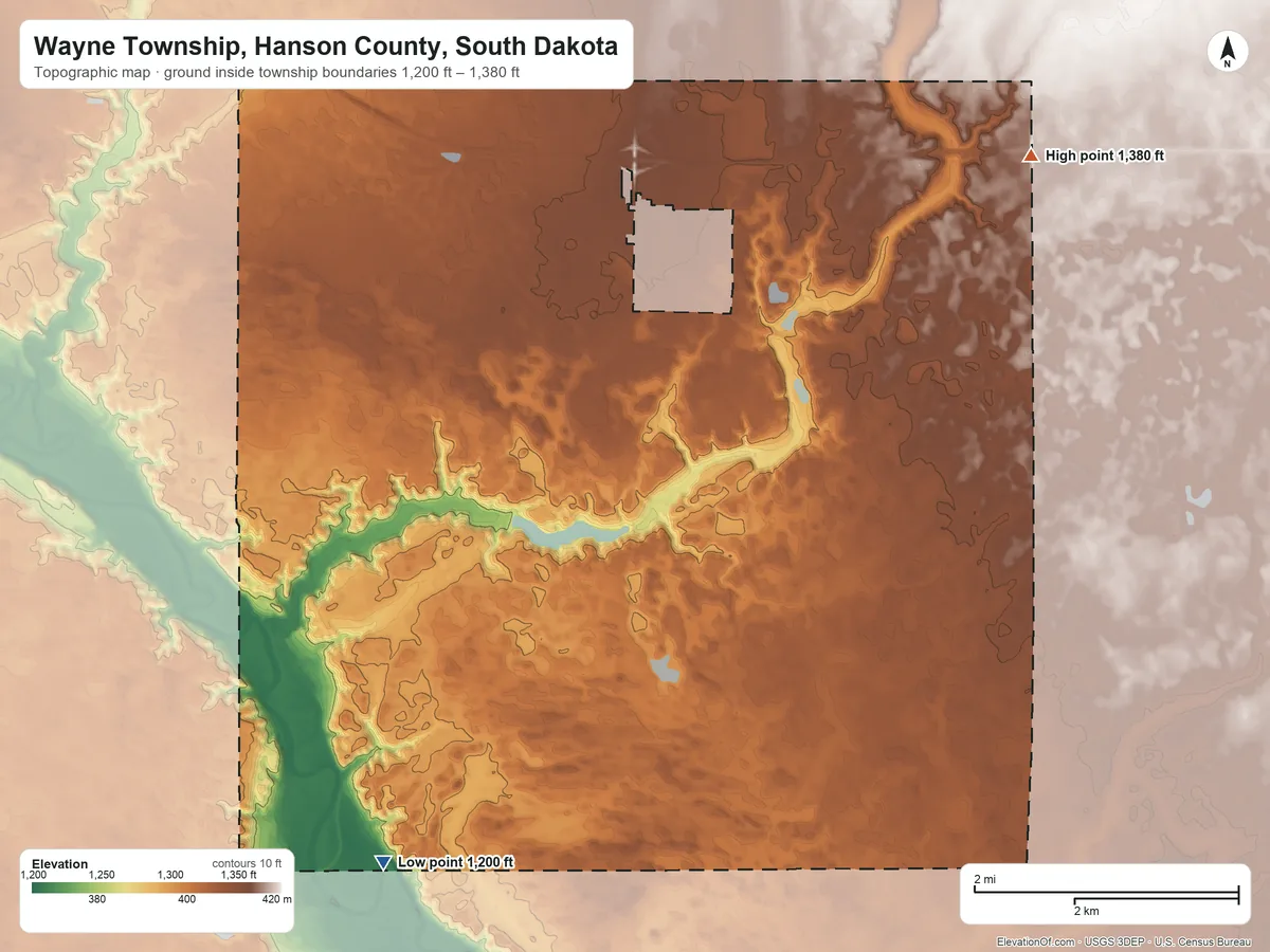 Topographic elevation map of Wayne Township, Hanson County, South Dakota, shaded from 1,200 ft on the southwest side to 1,380 ft on the northeast side