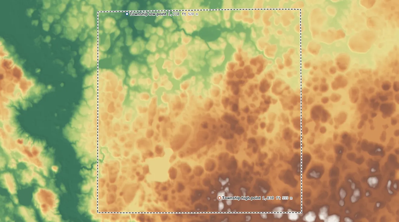 Topographic elevation map of Wayne Township, Lake County, South Dakota, shaded from 1,710 ft on the northwest side to 1,830 ft on the south side