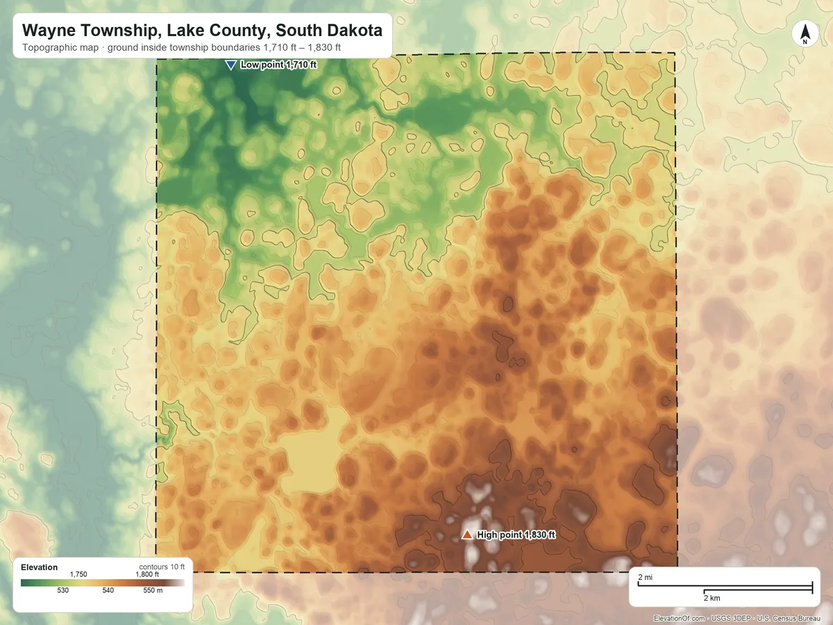 Topographic elevation map of Wayne Township, Lake County, South Dakota, shaded from 1,710 ft on the northwest side to 1,830 ft on the south side