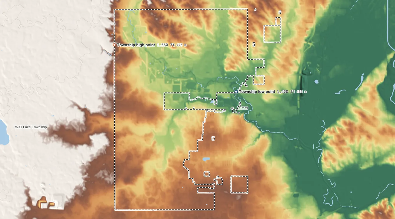 Topographic elevation map of Wayne Township, South Dakota, shaded from 1,420 ft on the northeast side to 1,550 ft on the northwest side